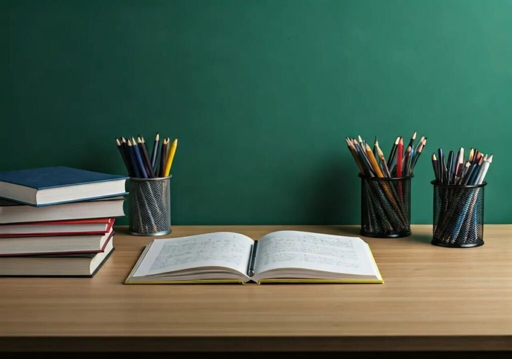 Desk with books and stationery
